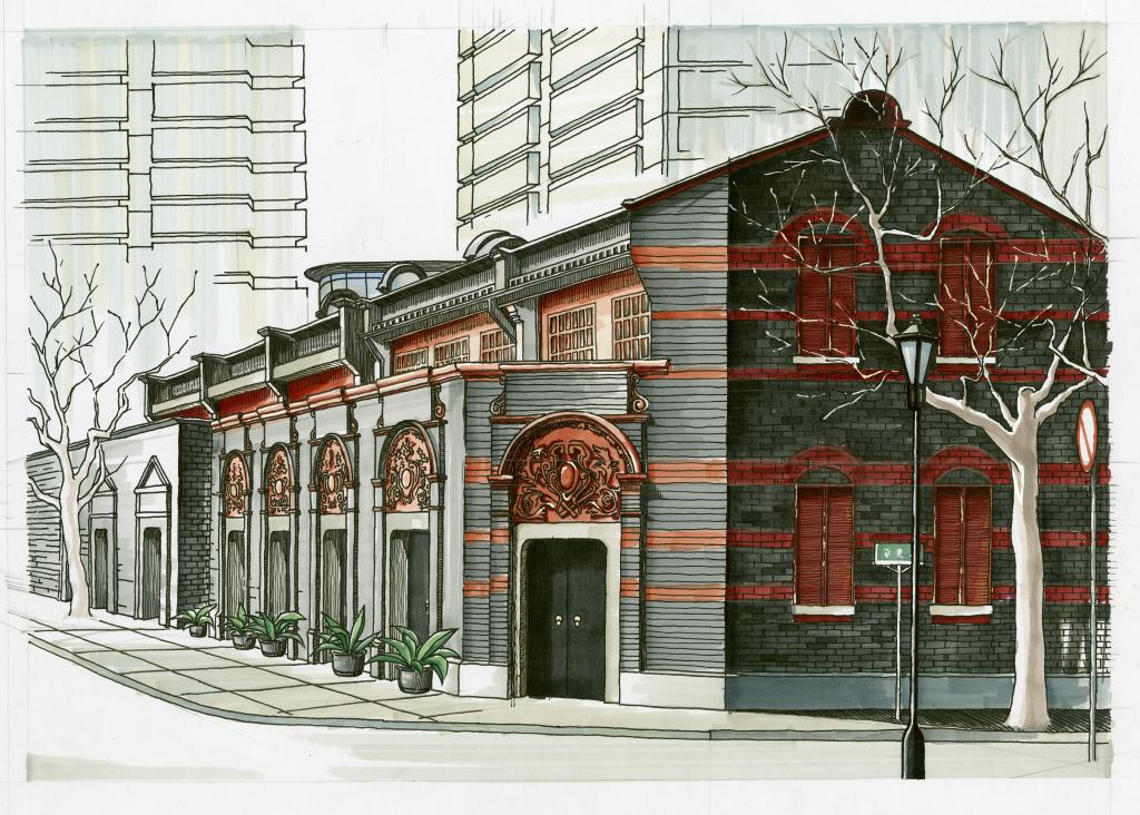 中国革命建筑手绘图片