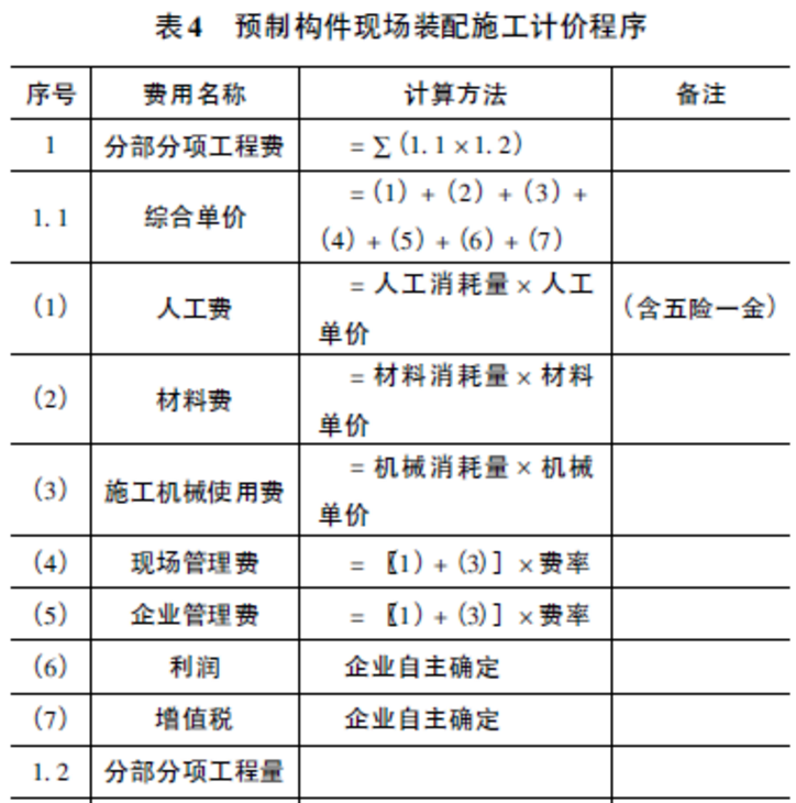 预制构件现场装配施工计价