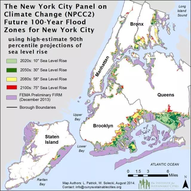随着海平面上升，纽约市100年一遇的预测洪水区（以2020年代、2050年代、2080年代、2100年代为例）